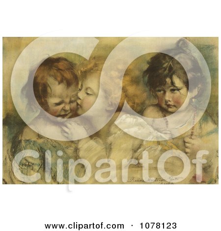 Stock Three Children, One Kissing Another - Royalty Free Historical Clip Art by JVPD