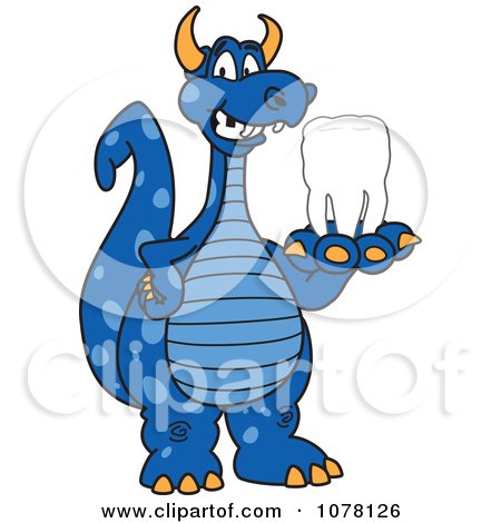 Clipart Blue Dragon School Mascot Holding A Tooth - Royalty Free Vector Illustration by Mascot Junction