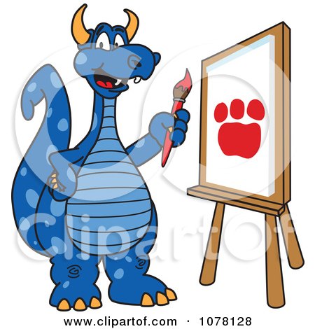 Clipart Blue Dragon School Mascot Painting A Paw Print - Royalty Free Vector Illustration by Mascot Junction