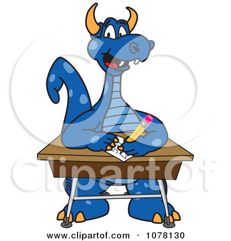 Clipart Blue Dragon School Mascot At A School Desk - Royalty Free Vector Illustration by Mascot Junction