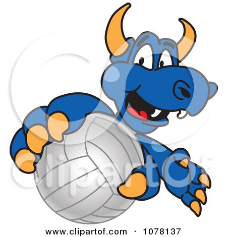 Clipart Blue Dragon School Mascot Grabbing A Volleyball - Royalty Free Vector Illustration by Toons4Biz