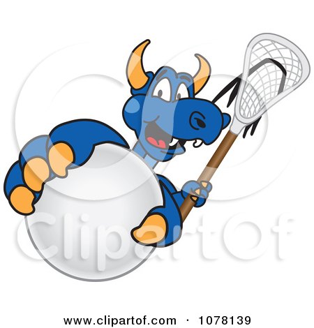 Clipart Blue Dragon School Mascot Grabbing A Lacrosse Ball - Royalty Free Vector Illustration by Toons4Biz