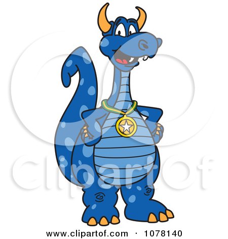 Clipart Blue Dragon School Mascot Wearing A Sports Medal - Royalty Free Vector Illustration by Mascot Junction