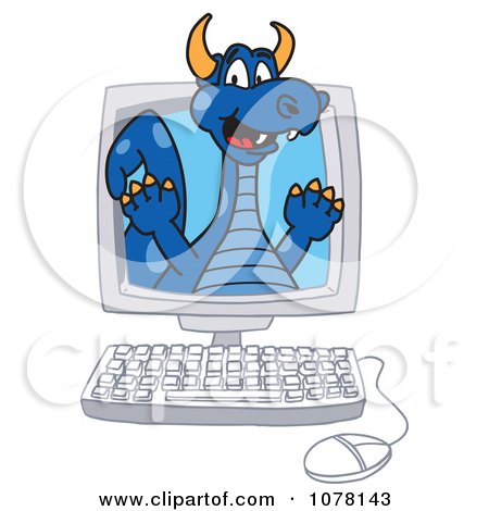 Clipart Blue Dragon School Mascot In A Computer Screen - Royalty Free Vector Illustration by Mascot Junction