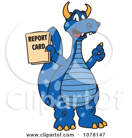 Clipart Blue Dragon School Mascot Holding A Report Card - Royalty Free Vector Illustration by Toons4Biz