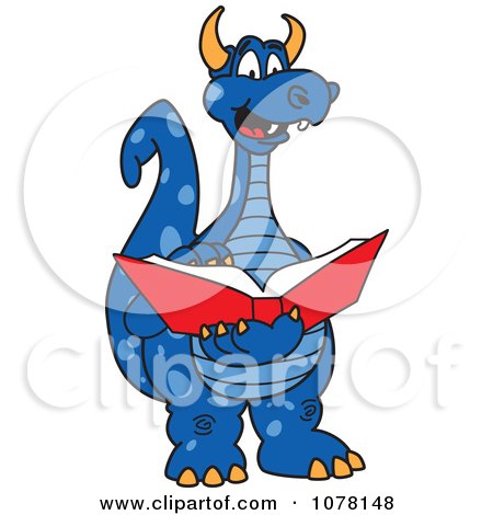 Clipart Blue Dragon School Mascot Reading - Royalty Free Vector Illustration by Toons4Biz