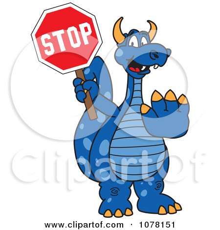 Clipart Blue Dragon School Mascot Holding A Stop Sign - Royalty Free Vector Illustration by Toons4Biz