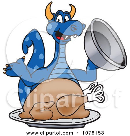 Clipart Blue Dragon School Mascot With A Thanksgiving Turkey - Royalty Free Vector Illustration by Toons4Biz