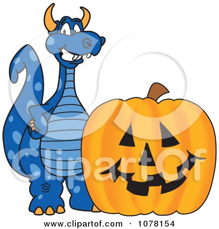 Clipart Blue Dragon School Mascot With A Halloween Pumpkin - Royalty Free Vector Illustration by Toons4Biz