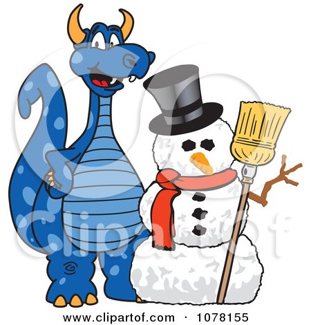 Clipart Blue Dragon School Mascot With A Snowman - Royalty Free Vector Illustration by Toons4Biz