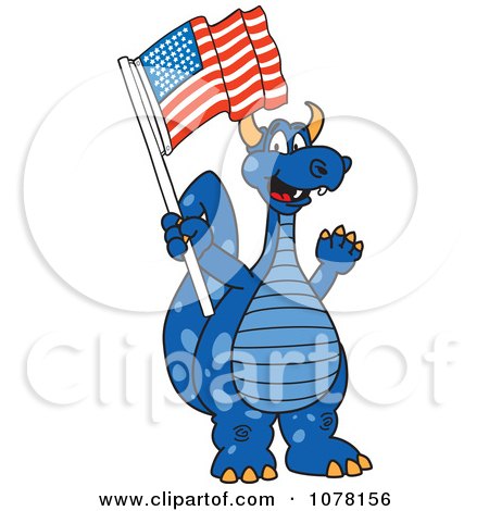 Clipart Blue Dragon School Mascot With An American Flag - Royalty Free Vector Illustration by Toons4Biz