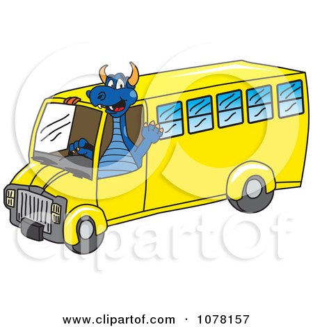 Clipart Blue Dragon School Mascot Driving A School Bus - Royalty Free Vector Illustration by Mascot Junction