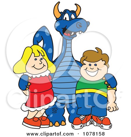 Clipart Blue Dragon School Mascot With Students - Royalty Free Vector Illustration by Toons4Biz