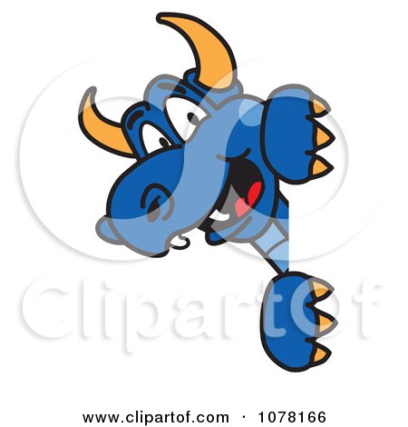 Clipart Blue Dragon School Mascot Looking Around A Sign - Royalty Free Vector Illustration by Toons4Biz