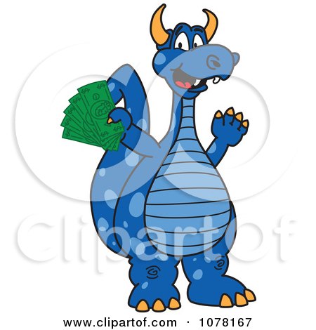 Clipart Blue Dragon School Mascot Holding Cash Money - Royalty Free Vector Illustration by Toons4Biz