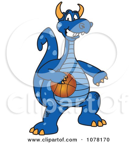 Clipart Blue Dragon School Mascot Playing Basketball - Royalty Free Vector Illustration by Toons4Biz