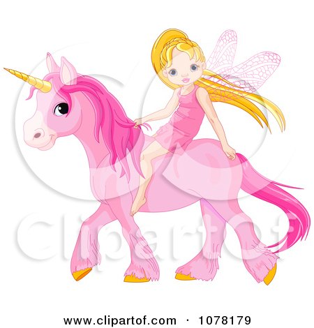 Clipart Cute Little Fairy Riding On A Pink Unicorn - Royalty Free Vector Illustration by Pushkin