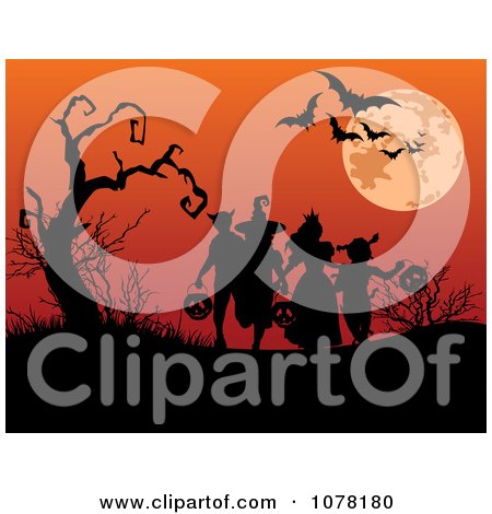 Clipart Silhouetted Kids Trick Or Treating Under Bats A Full Moon And Bare Tree - Royalty Free Vector Illustration by Pushkin