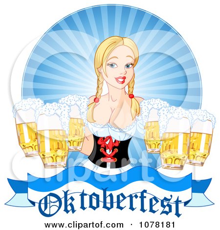 Clipart Beer Maiden Holding Pints Over An Oktoberfest Banner - Royalty Free Vector Illustration by Pushkin