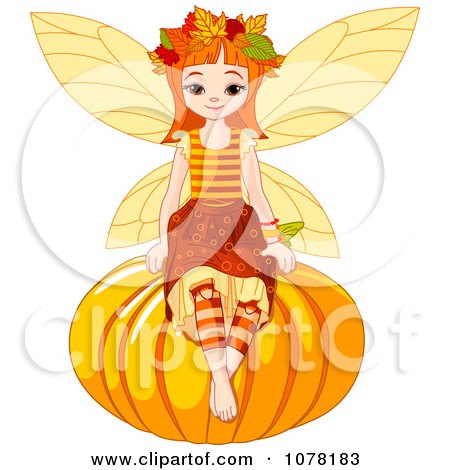 Clipart Autumn Fairy Girl Sitting On A Round Pumpkin - Royalty Free Vector Illustration by Pushkin
