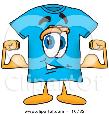Clipart Picture of a Blue Short Sleeved T-Shirt Mascot Cartoon Character Flexing His Arm Muscles by Mascot Junction