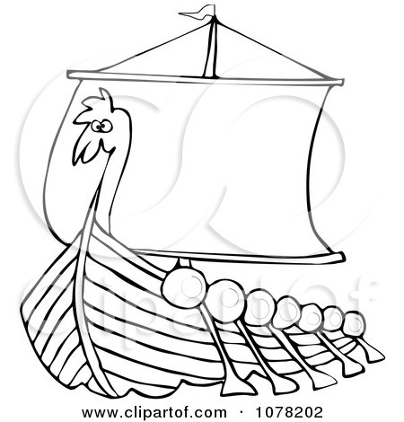 Clipart Outlined Viking Dragon Ship With Oars - Royalty Free Vector Illustration by djart