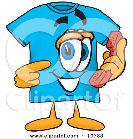 Clipart Picture of a Blue Short Sleeved T-Shirt Mascot Cartoon Character Holding a Telephone by Mascot Junction