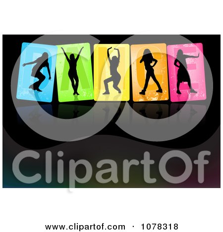 Clipart Four Silhouetted Dancers Over Colorful Squres On Black - Royalty Free Vector Illustration by dero