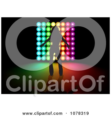 Clipart Silhouetted Dancer Over Colorful Lights On Black - Royalty Free Vector Illustration by dero