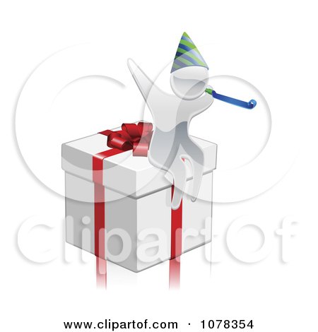 Clipart 3d Silver Person Wearing A Party Hat On A Gift Box - Royalty Free Vector Illustration by AtStockIllustration