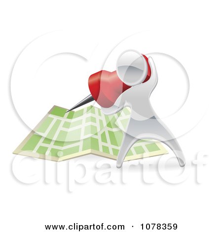 Clipart 3d Silver Person Pinning A Location On A Map - Royalty Free Vector Illustration by AtStockIllustration