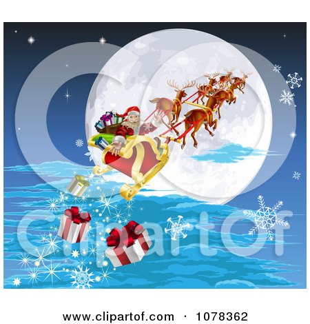Clipart Santa And His Reindeer Flying Against A Full Moon And Dropping Christmas Gifts - Royalty Free Vector Illustration by AtStockIllustration