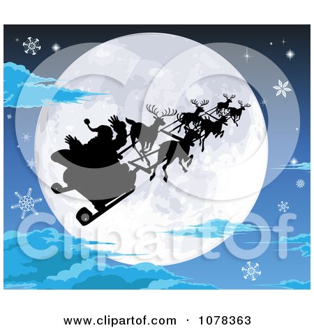 Clipart Silhouetted Santa Sled And Reindeer Against A Full Moon On A Snowy Christmas Eve - Royalty Free Vector Illustration by AtStockIllustration
