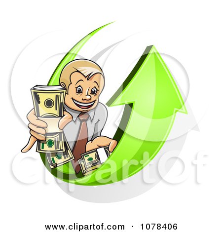 Clipart Businsesman Holding Bundled Cash On A Green Arrow - Royalty Free Vector Illustration by Vector Tradition SM