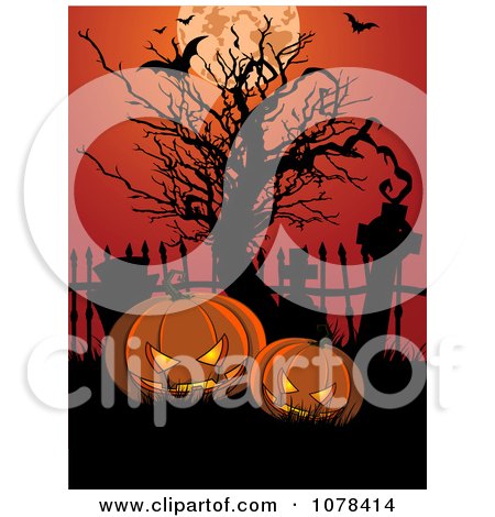 Clipart Creepy Jackolanterns In A Cemetery With A Bare Tree Bats And A Full Moon - Royalty Free Vector Illustration by Pushkin