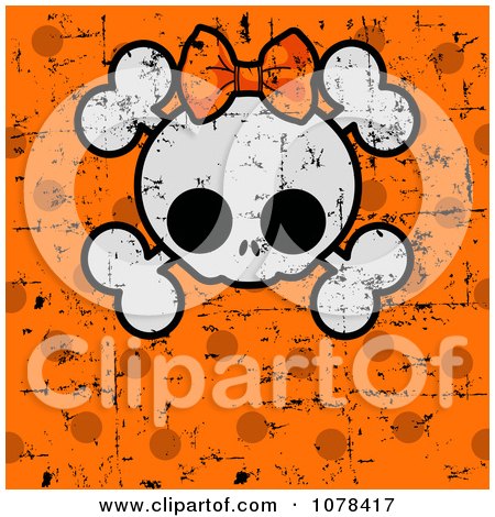 Clipart Halloween Skull And Cross Bones With A Bow Over Grungy Orange Polka Dots - Royalty Free Vector Illustration by Pushkin