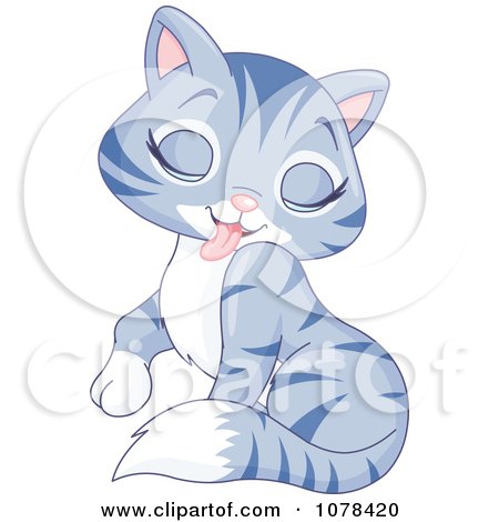 Clipart Cute Grooming Blue Tabby Kitten Licking Her Shoulder - Royalty Free Vector Illustration by Pushkin