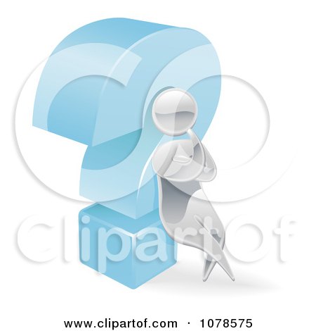 Clipart 3d Silver Man Thinking And Leaning Against A Question Mark - Royalty Free Vector Illustration by AtStockIllustration