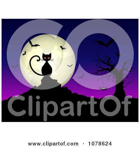 Clipart Creepy Black Cat Against A Full Moon With Bats A Bare Tree And Spider - Royalty Free Vector Illustration by KJ Pargeter