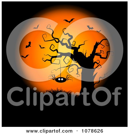 Clipart Halloween Background With Bats A Full Moon And Spider Hanging From A Bare Tree - Royalty Free Vector Illustration by KJ Pargeter