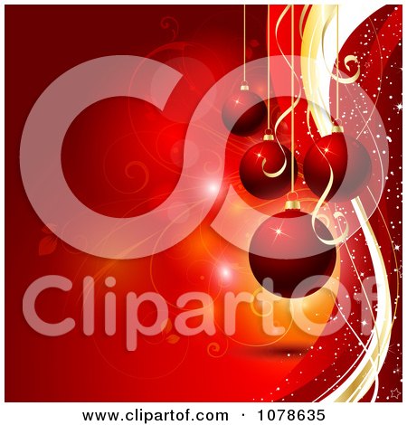 Clipart Red Background Of Suspended 3d Christmas Baubles And Vines - Royalty Free Vector Illustration by KJ Pargeter