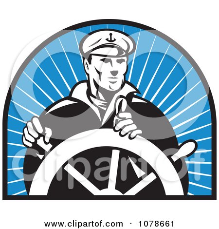 Clipart Retro Black And White Captain And Helm Over Blue Rays Logo - Royalty Free Vector Illustration by patrimonio