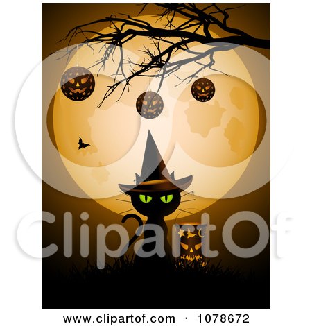 Clipart Halloween Witch Cat Under Baubles On A Bare Tree And A Full Moon - Royalty Free Vector Illustration by elaineitalia
