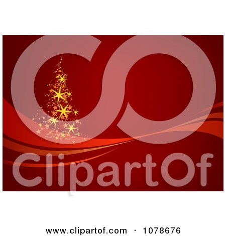 Clipart Gold Starry Christmas Tree On A Wave Against Red - Royalty Free Vector Illustration by dero