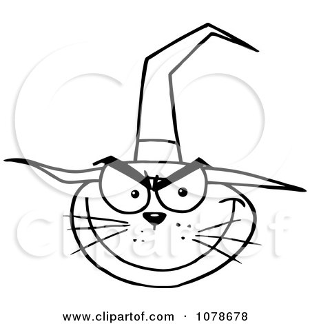 Clipart Grinning Outlined Halloween Cat Wearing A Witch Hat - Royalty Free Vector Illustration by Hit Toon