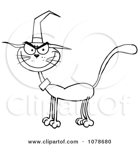 Clipart Outlined Halloween Cat Wearing A Witch Hat - Royalty Free Vector Illustration by Hit Toon