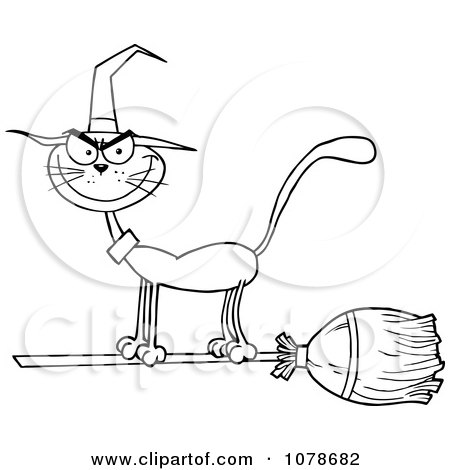 Clipart Outlined Halloween Witch Cat On A Broomstick - Royalty Free Vector Illustration by Hit Toon