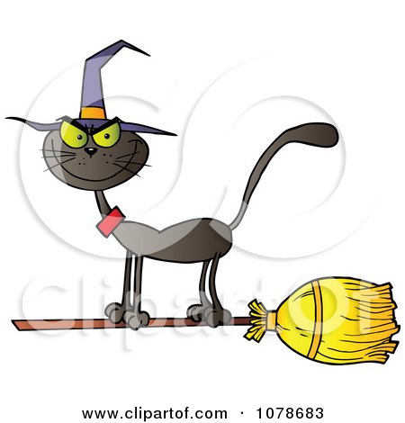 Clipart Halloween Witch Cat On A Broomstick - Royalty Free Vector Illustration by Hit Toon