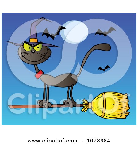 Clipart Halloween Witch Cat On A Broomstick Over Blue - Royalty Free Vector Illustration by Hit Toon