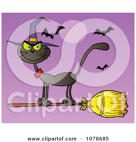 Clipart Halloween Witch Cat On A Broomstick Over Purple - Royalty Free Vector Illustration by Hit Toon
